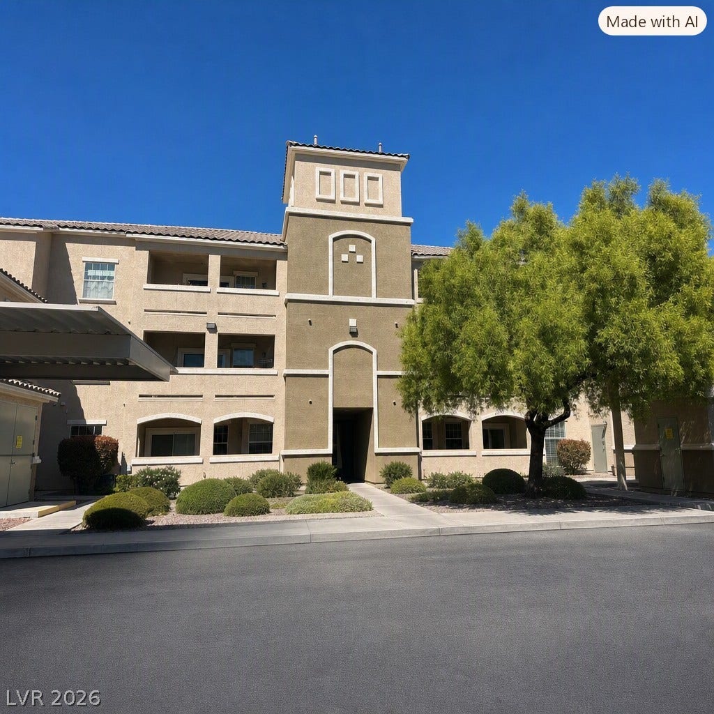 8777 W Maule Avenue, #1094, Las Vegas, NV 89148 Multi-level stucco exterior showcases arched architectural details and neat manicured landscaping under clear skies.
