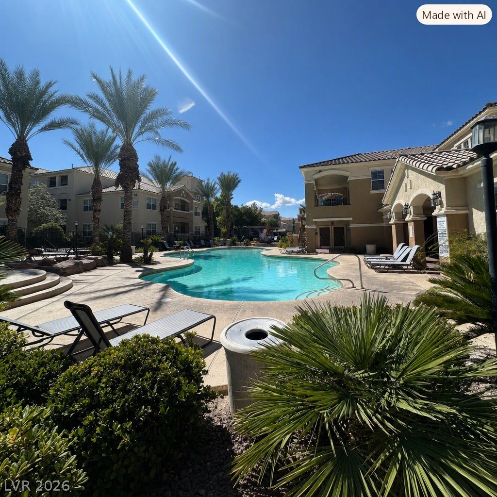 8777 W Maule Avenue, #1094, Las Vegas, NV 89148 An inviting resort-style swimming pool area is surrounded by palm trees and tile-roofed buildings.