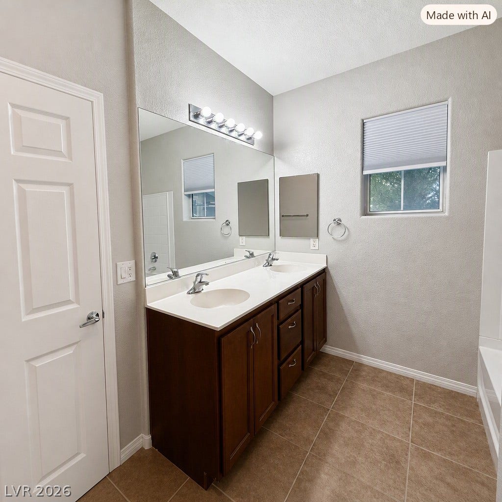 8777 W Maule Avenue, #1094, Las Vegas, NV 89148 A spacious double vanity and tile flooring highlight this airy bathroom design.