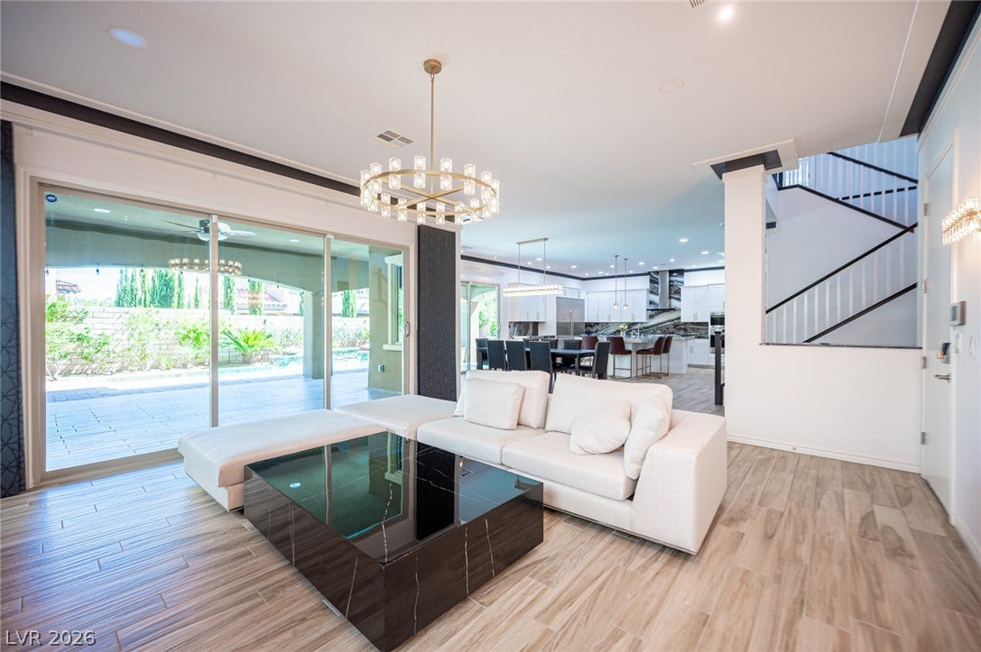 322 Elder View Drive, Las Vegas, NV 89138 Sliding glass doors open to a spacious patio from this contemporary living space.