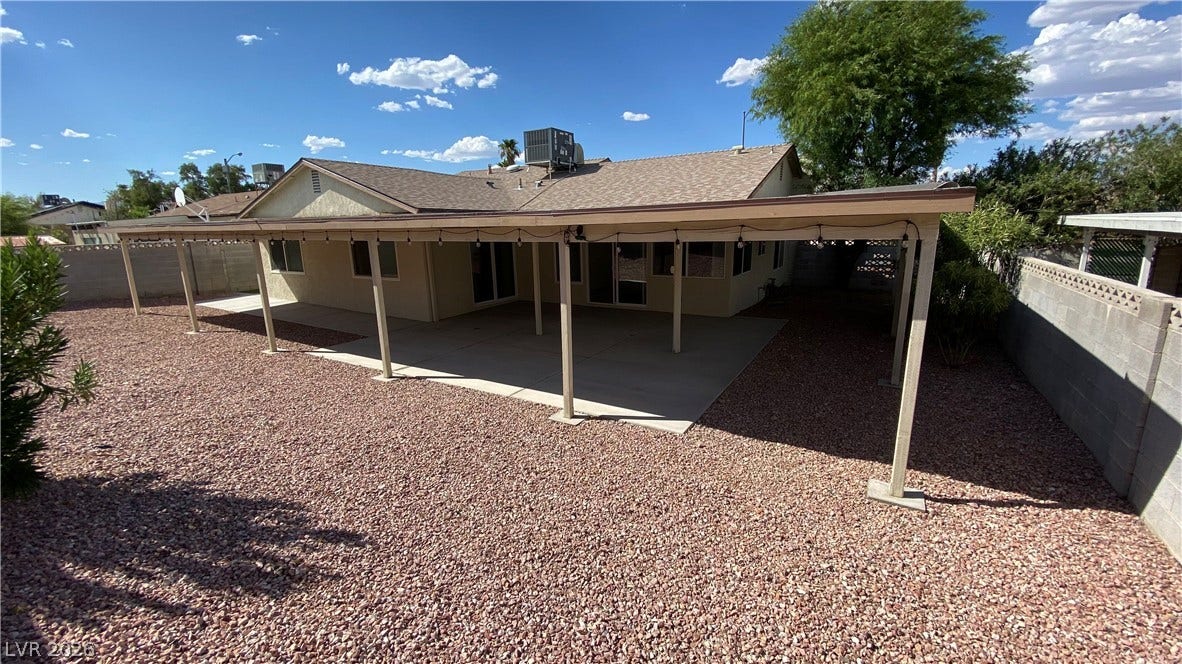 Las Vegas, NV 89119 An expansive covered patio overlooks the low-maintenance gravel yard surrounded by block fencing.
