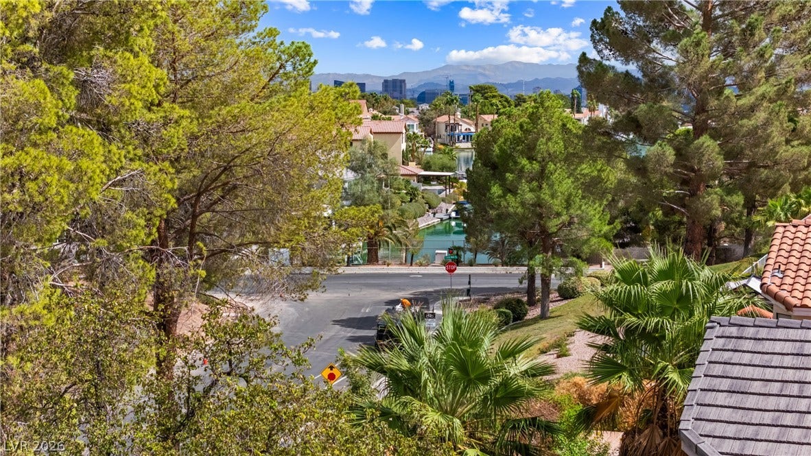 Lush mature trees frame a scenic neighborhood landscape with distant mountain and city views.