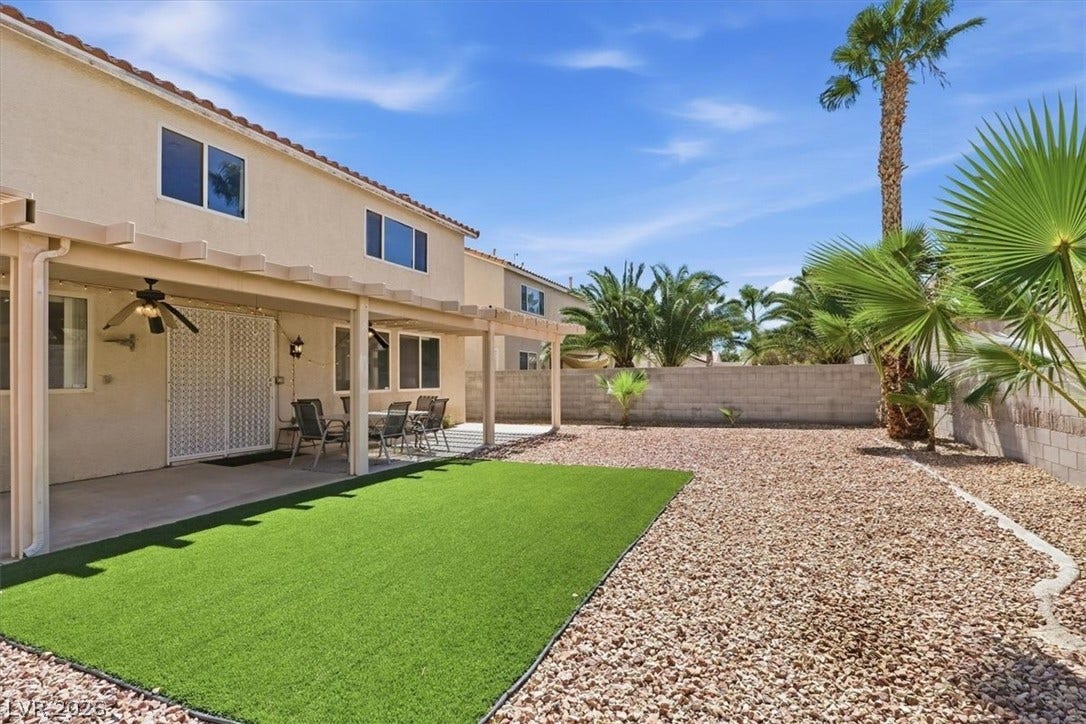 6329 Snow Cactus Street, North Las Vegas, NV 89031 A spacious gravel yard and synthetic lawn sit beside a covered patio area.