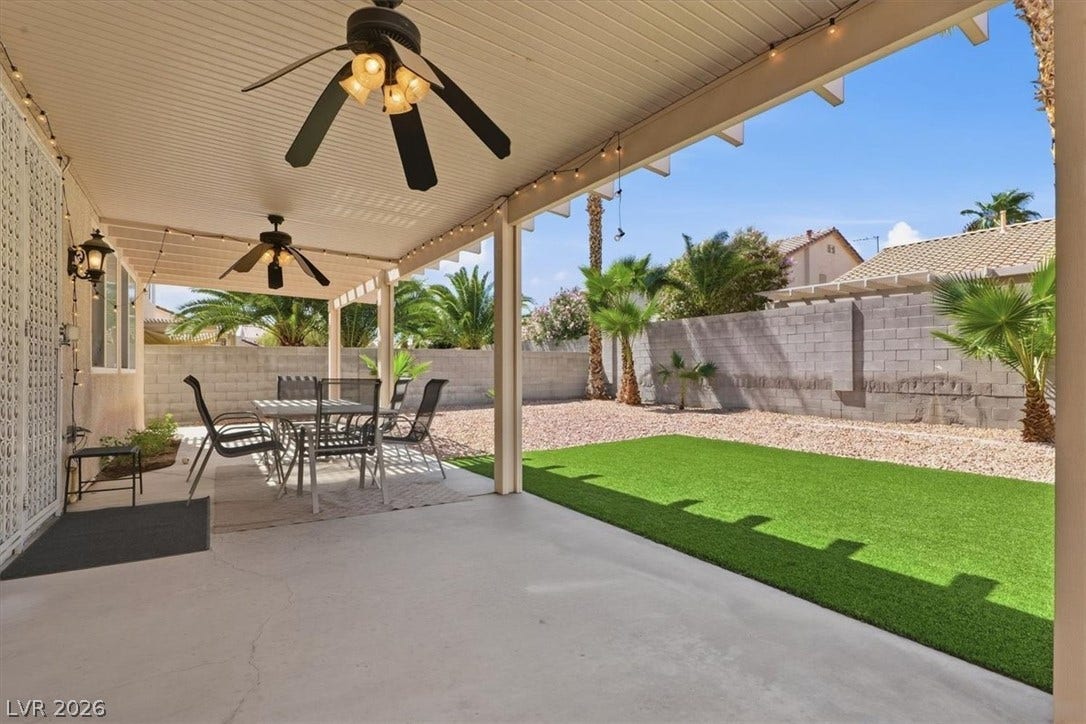 6329 Snow Cactus Street, North Las Vegas, NV 89031 A spacious covered patio overlooks the manicured lawn and private walled backyard.
