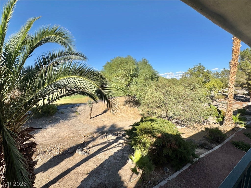 Lush desert landscaping and mature palm trees create a scenic view under clear blue skies.