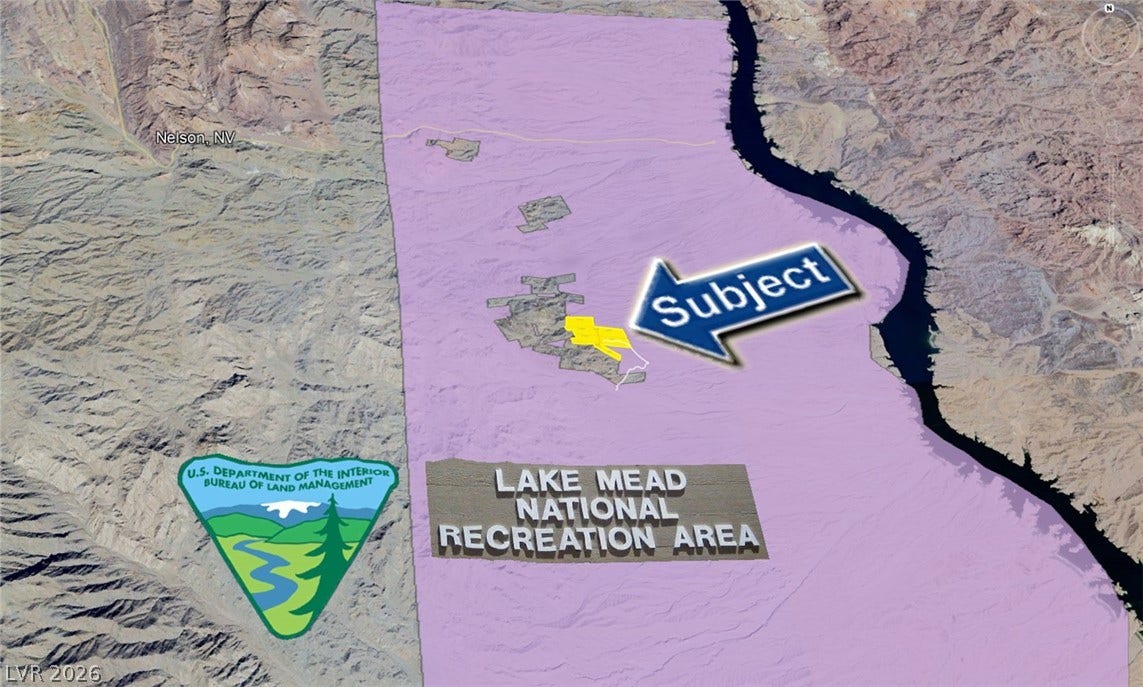 Aztec Wash Road - NPS 43, Nelson, NV 89046 Aerial showing subject property within Lake Mead NRA, and proximity to Lake Mohave.