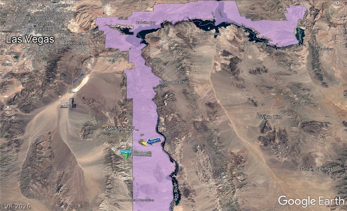 Aztec Wash Road - NPS 43, Nelson, NV 89046 Aerial showing subject property within Lake Mead NRA, and proximity to Las Vegas and Lake Mohave.