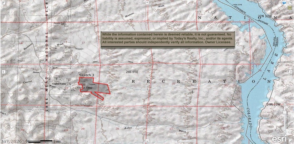 Aztec Wash Road - NPS 43, Nelson, NV 89046 USGS Topo Map showing subject property and famous Capital Camp Gold Mine adjacent to the west of the subject parcel. National Park Service ("NPS") Road 43, aka Aztec Wash Road. Lake Mohave to the east of subject.