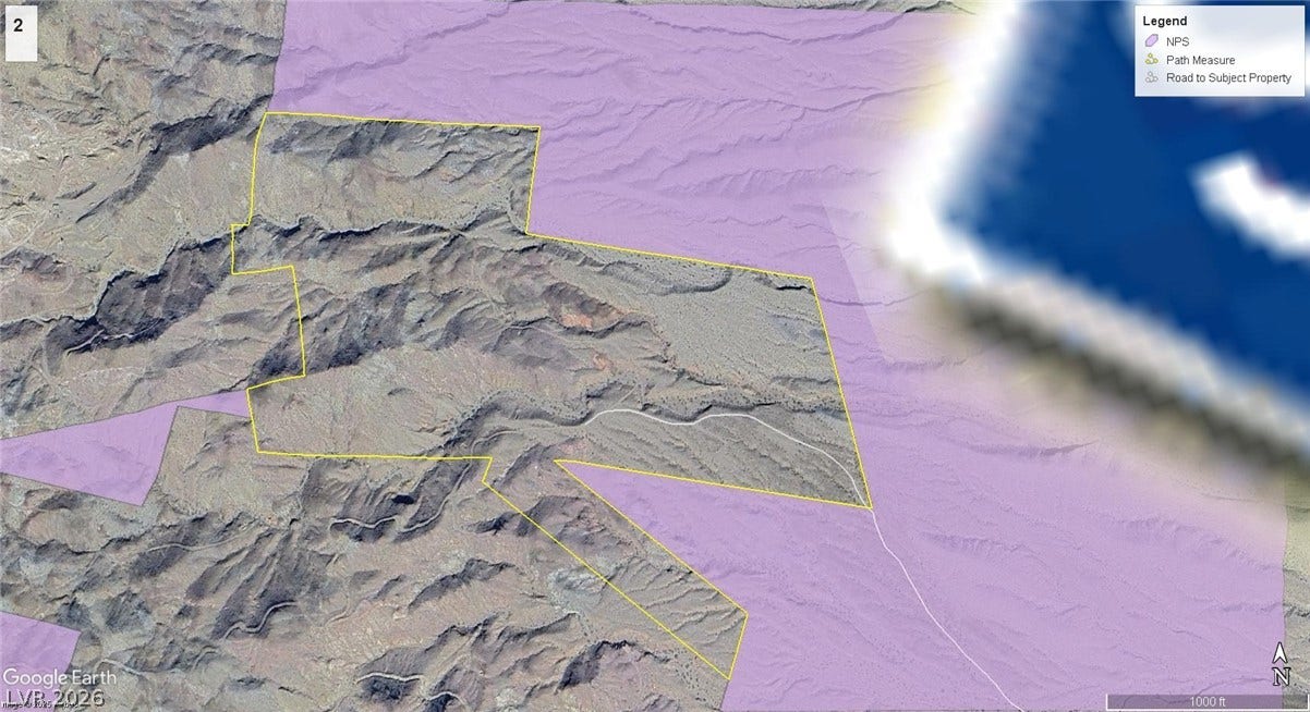 Aztec Wash Road - NPS 43, Nelson, NV 89046 Aerial showing subject property within Lake Mead NRA, and approximate property boundary lines.