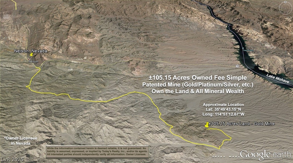 Aztec Wash Road - NPS 43, Nelson, NV 89046 Aerial view showing legal access from Nelson, Nevada to APN 229-20-000-012; Lake Mohave to the east.