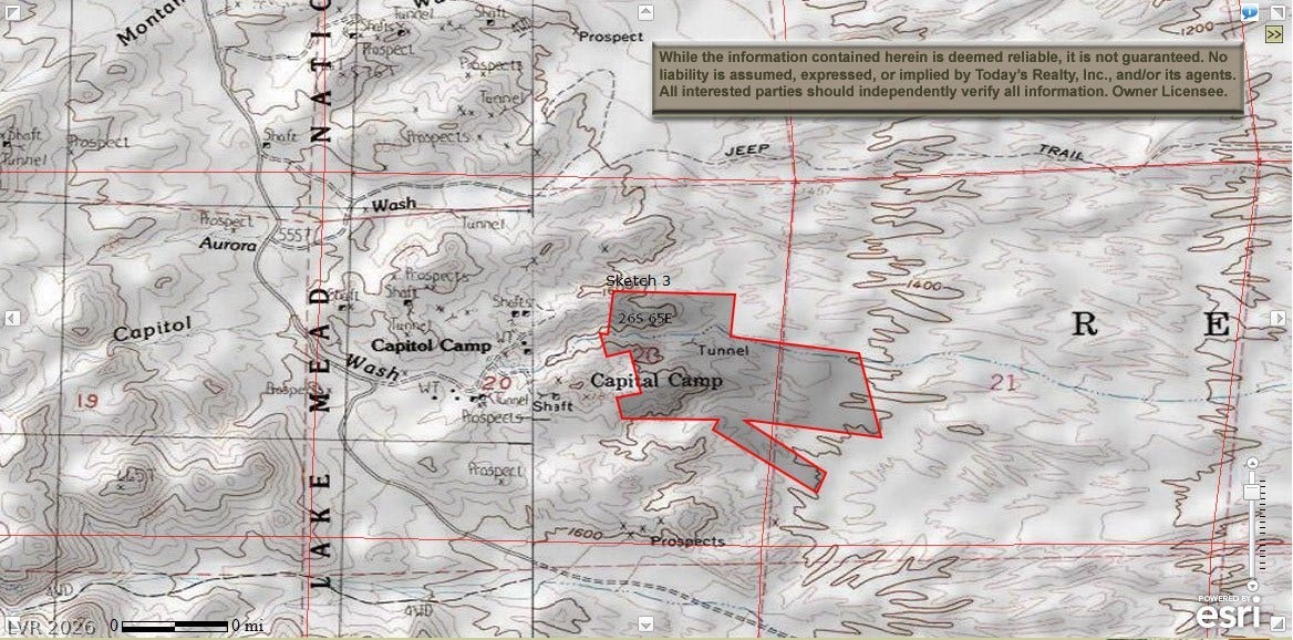 Aztec Wash Road - NPS 43, Nelson, NV 89046 USGS Topo Map showing subject property and famous Capital Camp Gold Mine adjacent to the west of the subject parcel. National Park Service ("NPS") Road 43, aka Aztec Wash Road.