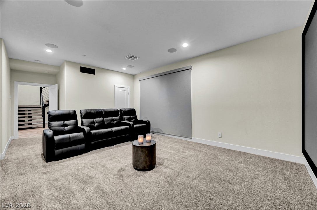 4709 Amazing View Street, Las Vegas, NV 89129 Plush wall-to-wall carpeting and smooth neutral walls define this quiet lower level media space.