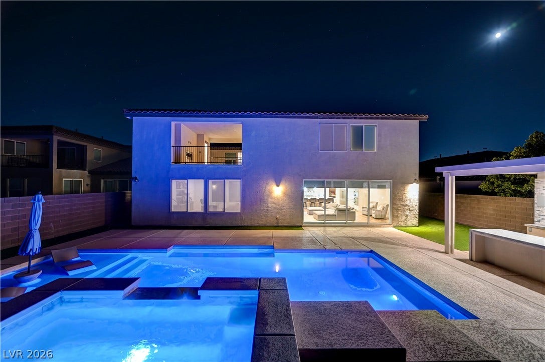 4709 Amazing View Street, Las Vegas, NV 89129 An inviting backyard oasis showcases a sparkling pool and spa beneath the desert night sky.