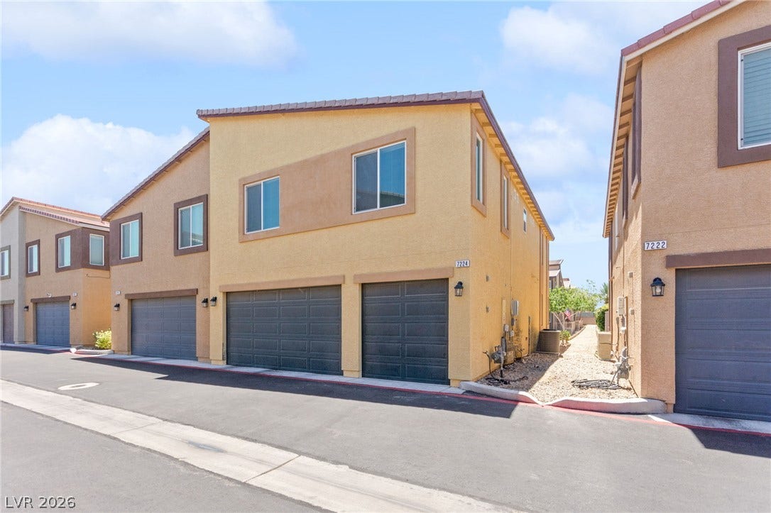 7224 Halo Falls Street, North Las Vegas, NV 89084 A row of modern townhomes featuring attached garages and desert-friendly landscaping.
