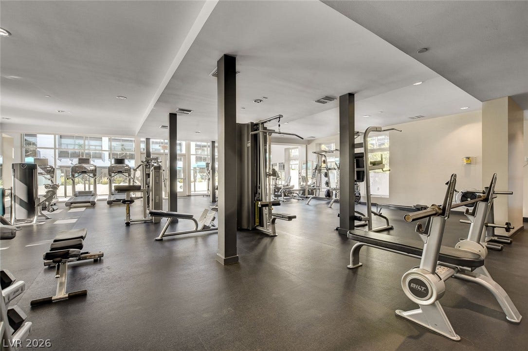 8925 W Flamingo Road, #111, Las Vegas, NV 89147 Recessed lighting and resilient flooring define this fully equipped residential fitness center.