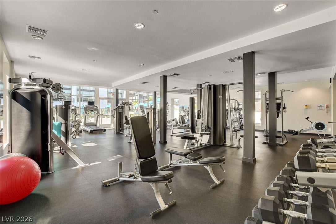 8925 W Flamingo Road, #111, Las Vegas, NV 89147 Recessed lighting and resilient flooring define this well-equipped workout space.