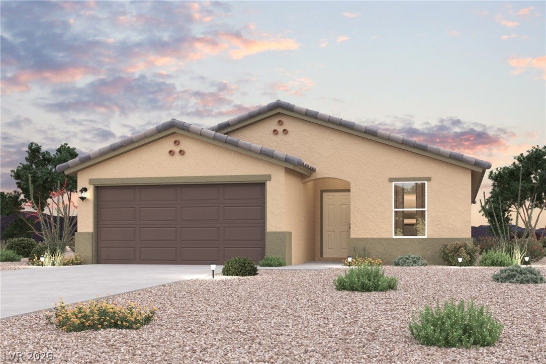 682 S Dyani Drive, Pahrump, NV 89048 Classic desert landscaping frames this contemporary single-story home with stucco exterior and tile roofing.