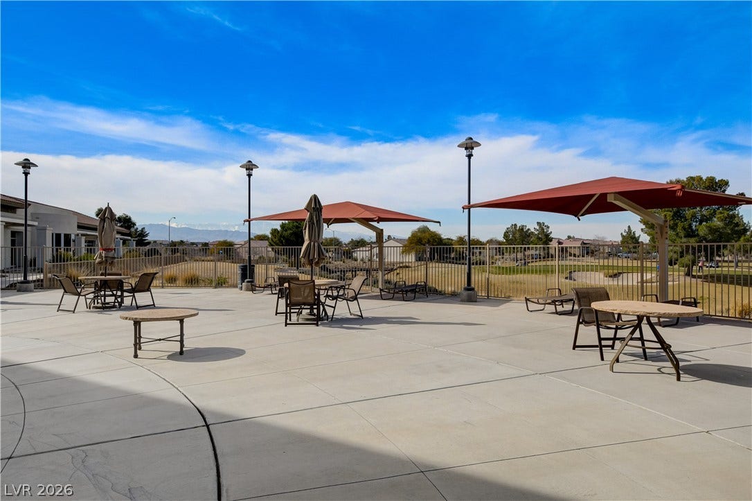 2612 Rock Pigeon Avenue, North Las Vegas, NV 89084 An expansive concrete patio overlooks a scenic golf course under a clear blue sky.