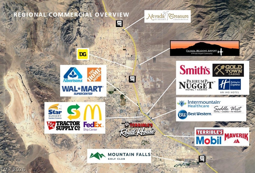 7870 N Eva Street, Pahrump, NV 89060 An aerial regional map illustrates proximity to local commercial hubs and popular neighborhood amenities.