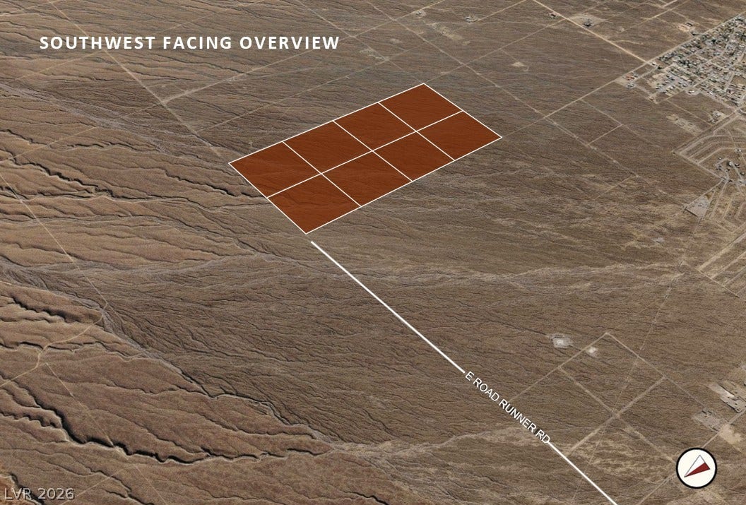 7870 N Eva Street, Pahrump, NV 89060 An aerial overview highlights the expansive desert acreage situated along East Road Runner Road.