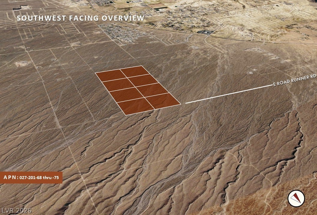 7870 N Eva Street, Pahrump, NV 89060 A high-altitude perspective outlines the property boundaries amidst the vast desert terrain.