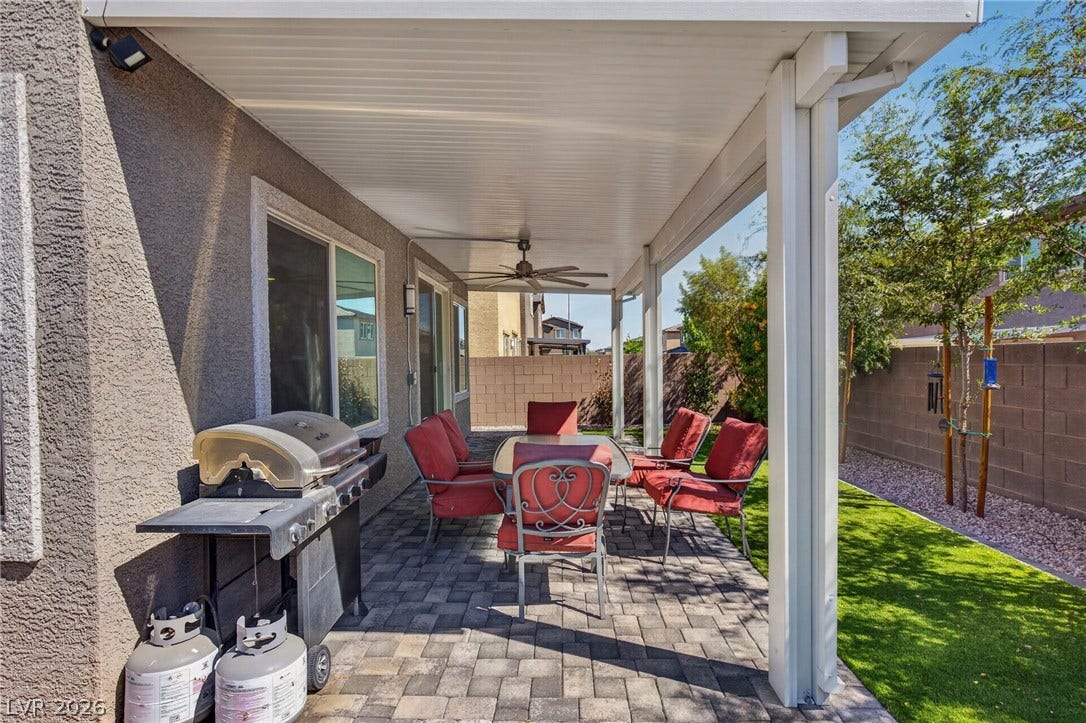 2719 High Echelon Road, North Las Vegas, NV 89086 A sheltered paver patio extends into a manicured backyard enclosed by solid privacy fencing.