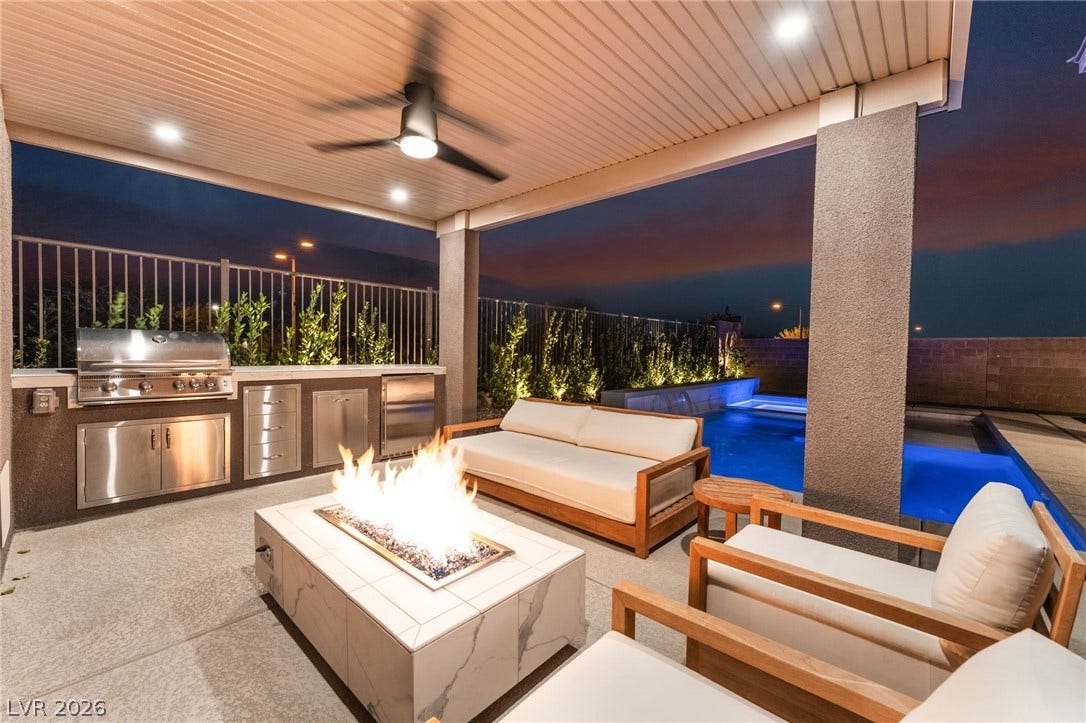 12424 Point Sierra Street, Las Vegas, NV 89138 An inviting covered patio area anchors the outdoor living space alongside a pool and spa.