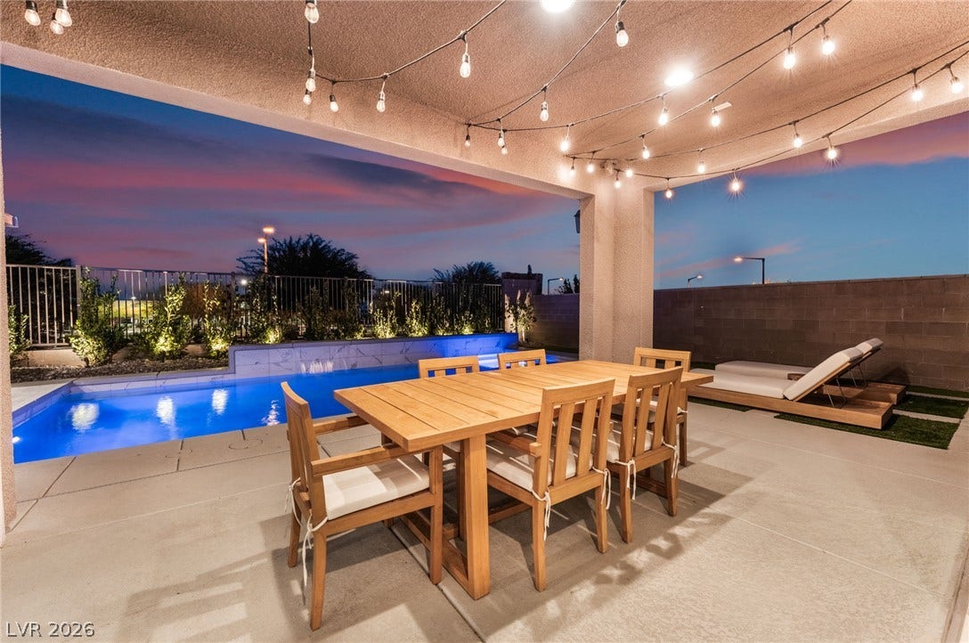 12424 Point Sierra Street, Las Vegas, NV 89138 A covered concrete terrace overlooks the private swimming pool against a sunset sky.
