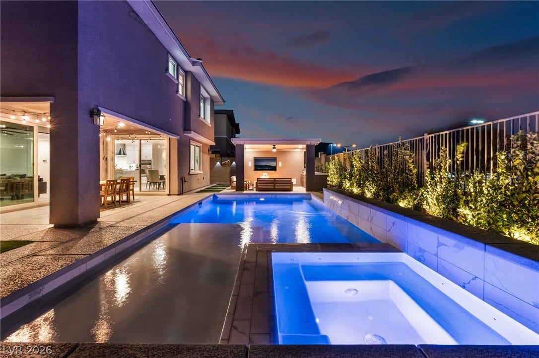 12424 Point Sierra Street, Las Vegas, NV 89138 An inviting backyard oasis features a gleaming pool and spa under a twilight sky.