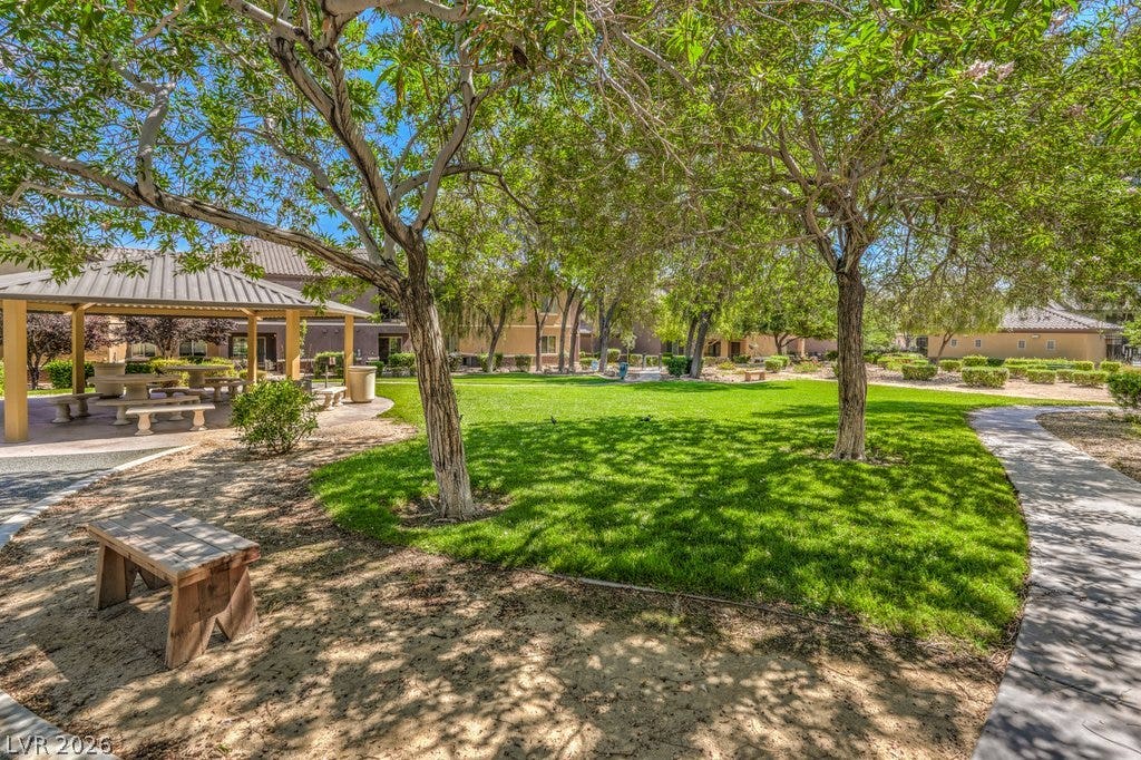 6868 Sky Pointe Drive, #1132, Las Vegas, NV 89131 Mature shade trees and paved pathways frame a peaceful green space with a covered picnic ramada.