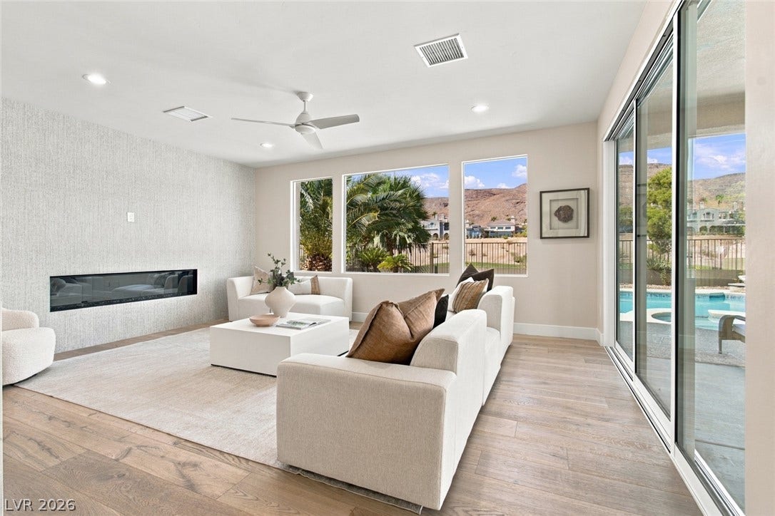 2837 Turtle Head Peak Drive, Las Vegas, NV 89135 Sliding glass doors open directly to the patio from this modern living space.