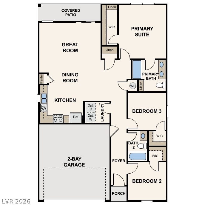A well-designed floor plan featuring a spacious great room and a two-bay garage.