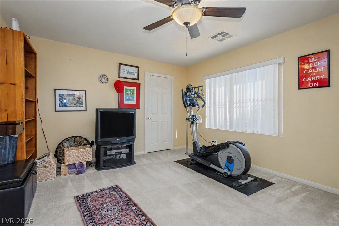 Soft carpeting pairs with natural light flowing through a wide window.