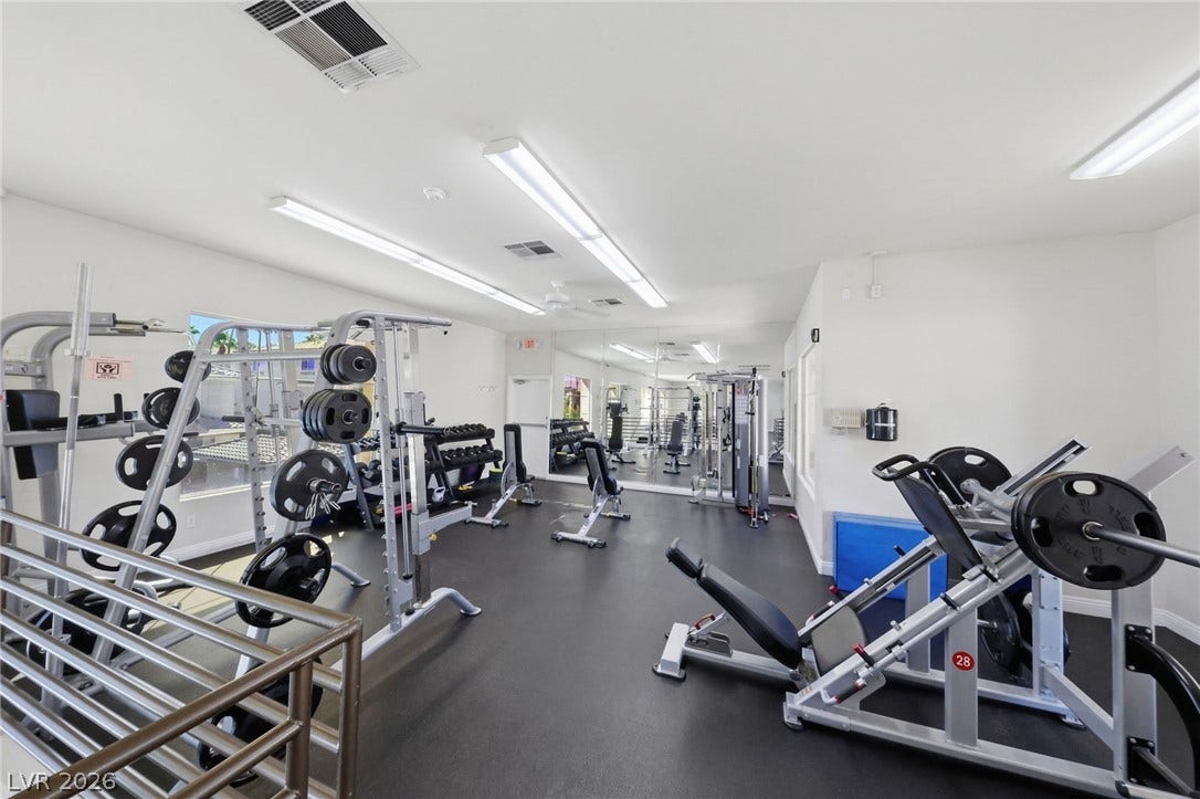 7139 S Durango Drive, #110, Las Vegas, NV 89113 Bright overhead lighting illuminates the spacious exercise facility featuring durable rubber flooring.