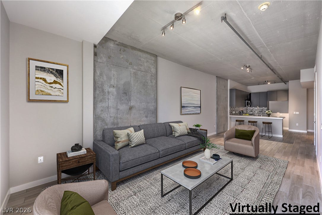353 E Bonneville Avenue, #754, Las Vegas, NV 89101 Virtually Staged - Open Concept Great Room/Dining Room with Floor to Ceiling Windows