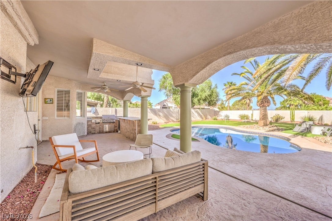1863 Bogey Way, Henderson, NV 89074 A spacious covered patio overlooks the sparkling swimming pool and beautifully landscaped backyard.