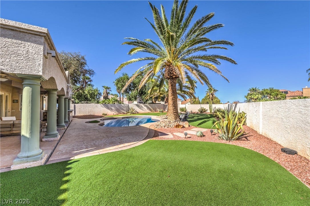 1863 Bogey Way, Henderson, NV 89074 Manicured artificial turf and desert plantings surround a sparkling private pool and covered patio.