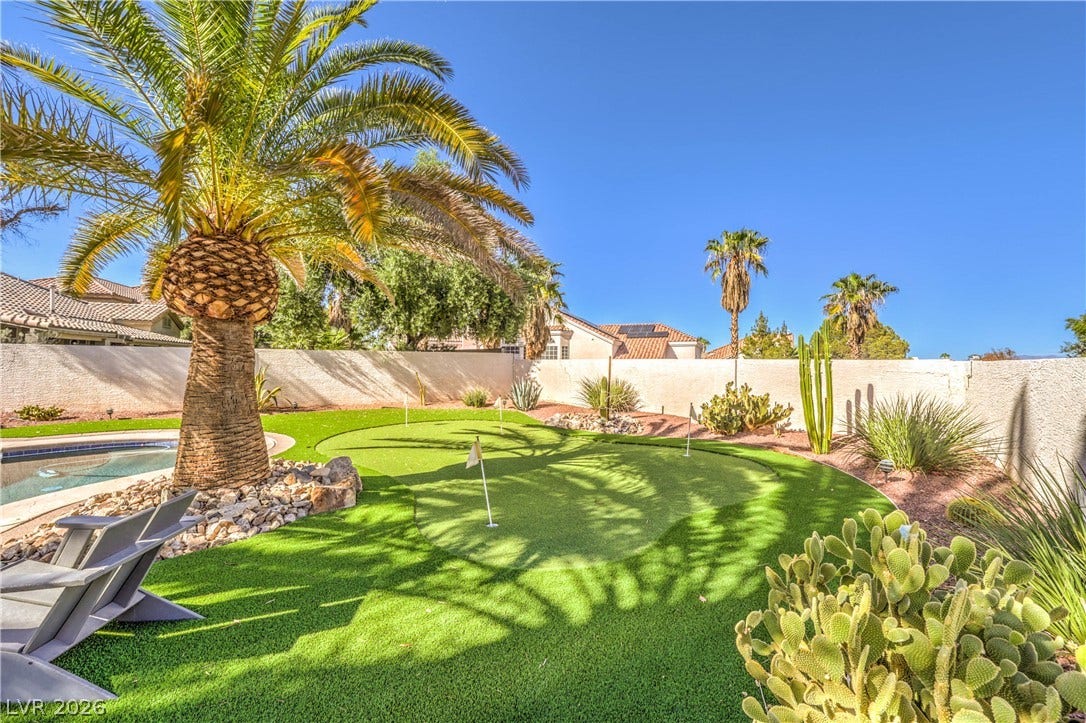 1863 Bogey Way, Henderson, NV 89074 Lush artificial turf and desert landscaping frame a private putting green alongside the swimming pool.