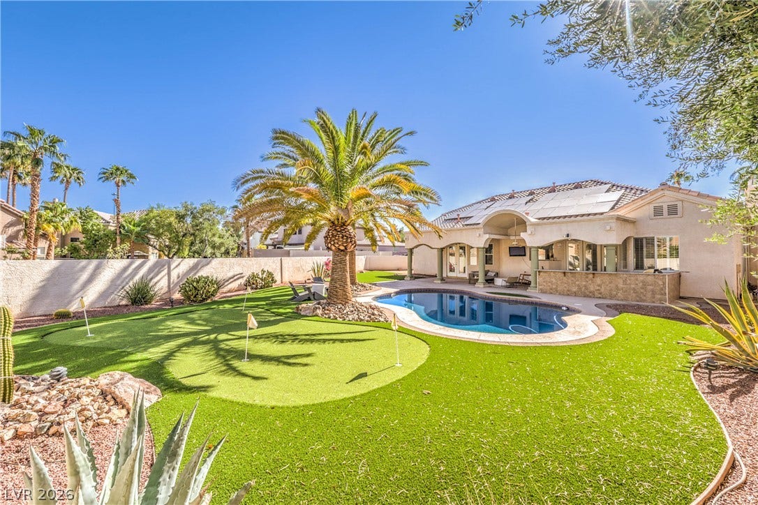 1863 Bogey Way, Henderson, NV 89074 Lush artificial turf surrounds a sparkling swimming pool in this private backyard oasis.