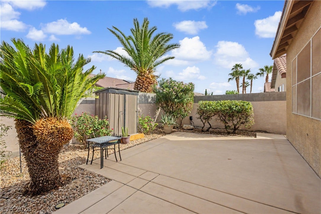 7126 Spindle Berry Street, Las Vegas, NV 89131 An inviting concrete patio anchors the walled backyard surrounded by low-maintenance desert landscaping.