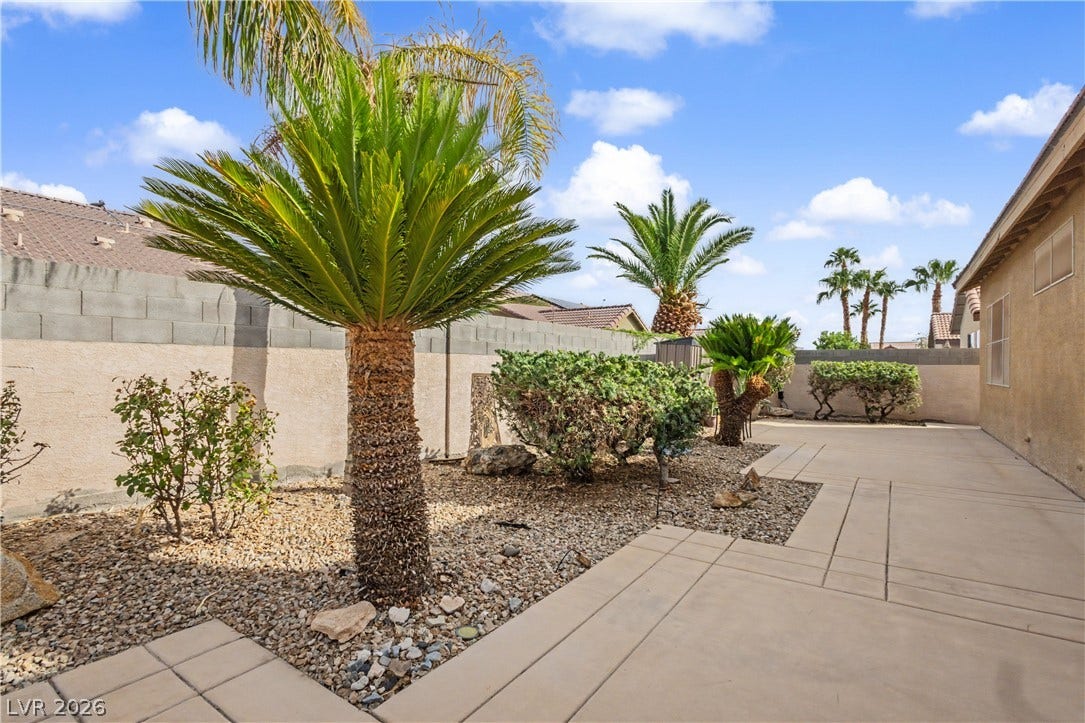 7126 Spindle Berry Street, Las Vegas, NV 89131 Lush palm trees frame this concrete patio and low-maintenance desert landscaped yard.