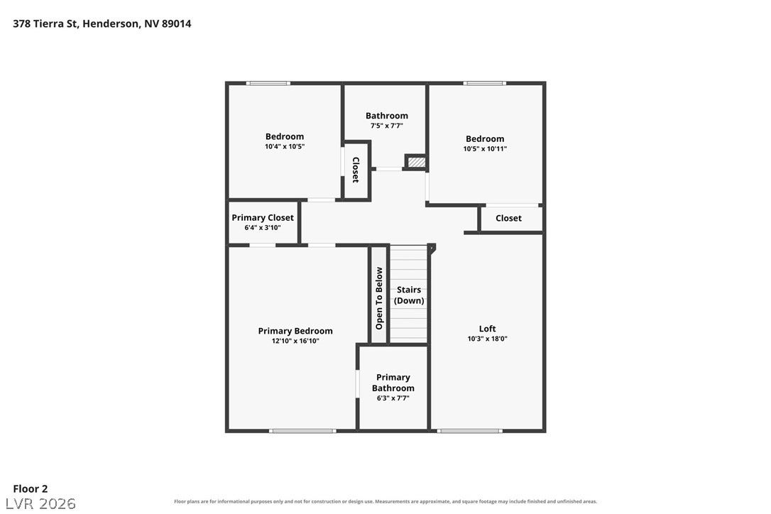 378 Tierra Street, Henderson, NV 89014 An organized floor plan outlines the layout and spatial flow of the second level.