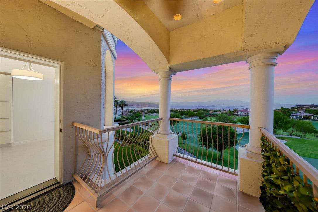 26 Strada Di Circolo, #n/a, Henderson, NV 89011 An elevated covered balcony overlooks the manicured green of an adjacent golf course.