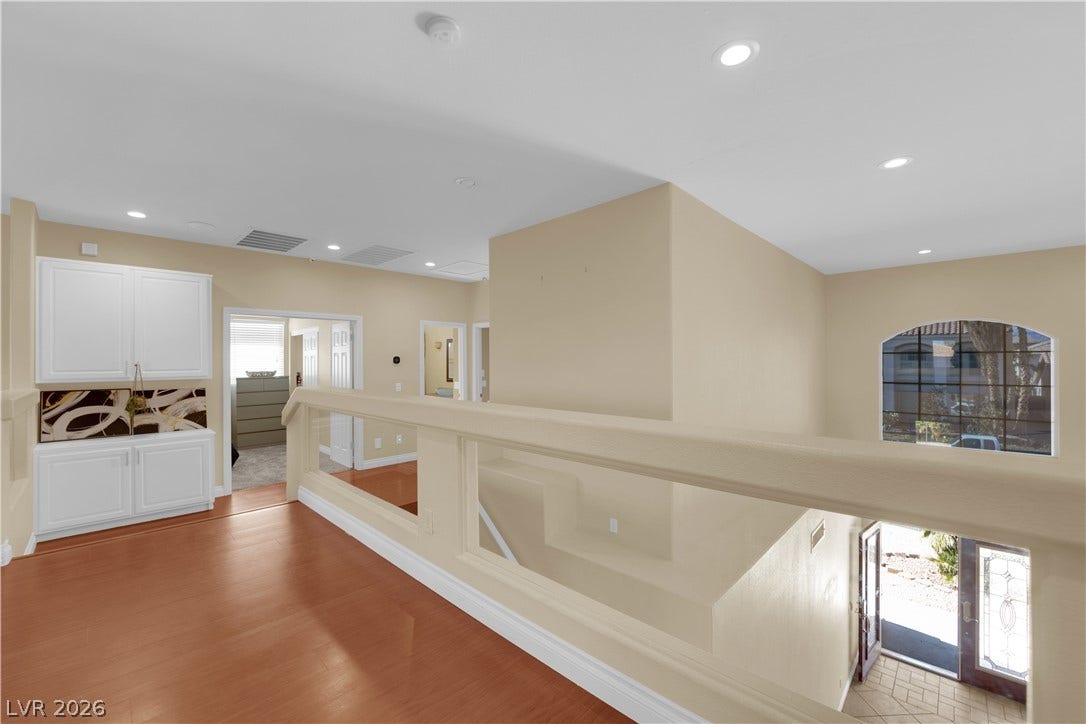 9852 Snowy Canyon Court, Las Vegas, NV 89183 Gleaming hardwood floors and a customized wet bar line this spacious upper-level landing.