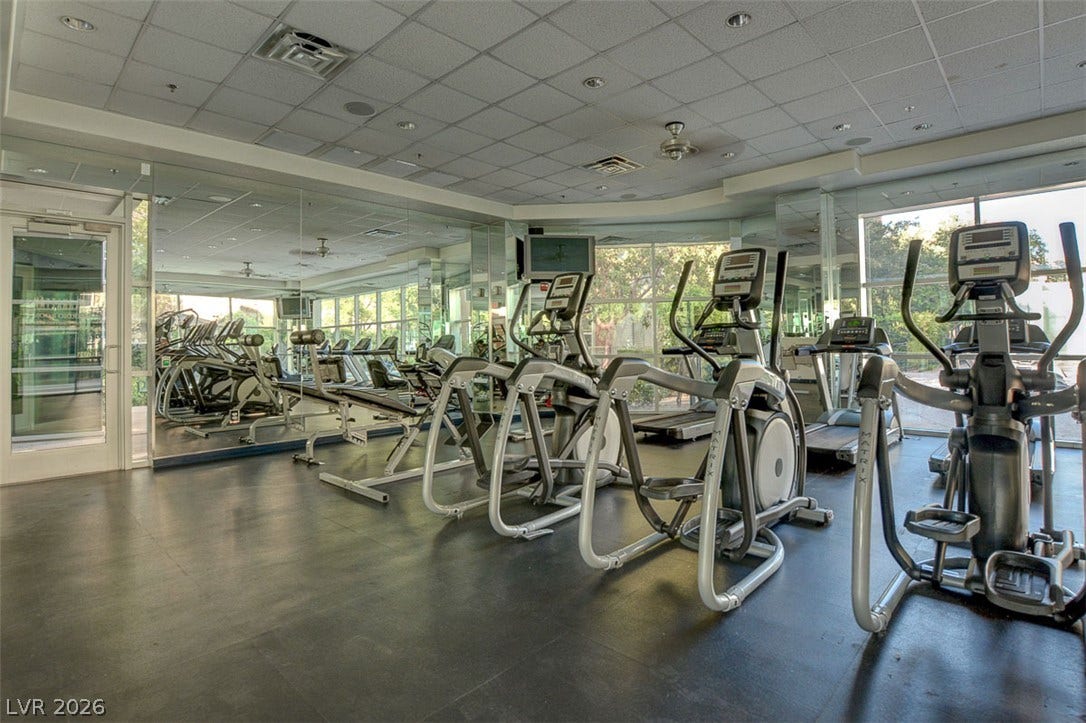 Floor-to-ceiling mirrors and expansive windows frame this well-appointed professional workout space.