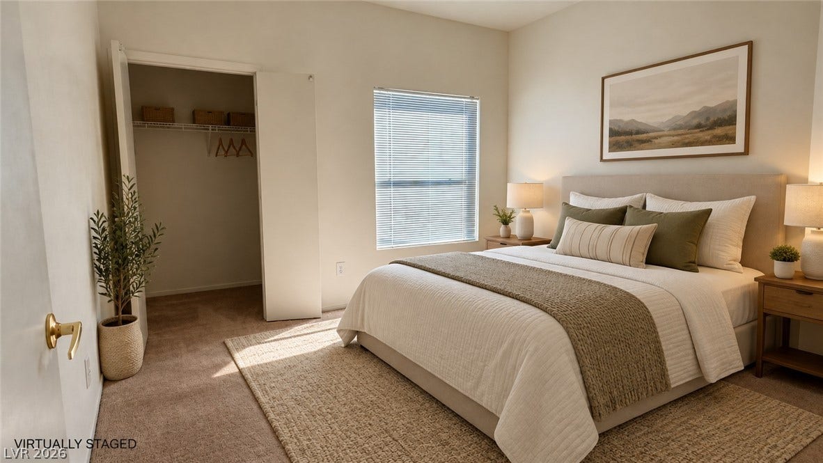 45 Maleena Mesa Street, #1912, Henderson, NV 89074 Plush carpeted flooring and a deep closet define this inviting bedroom space.