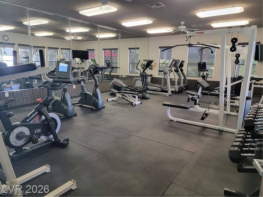 45 Maleena Mesa Street, #1912, Henderson, NV 89074 A well-equipped fitness center offers resilient rubber flooring and mirrored walls.