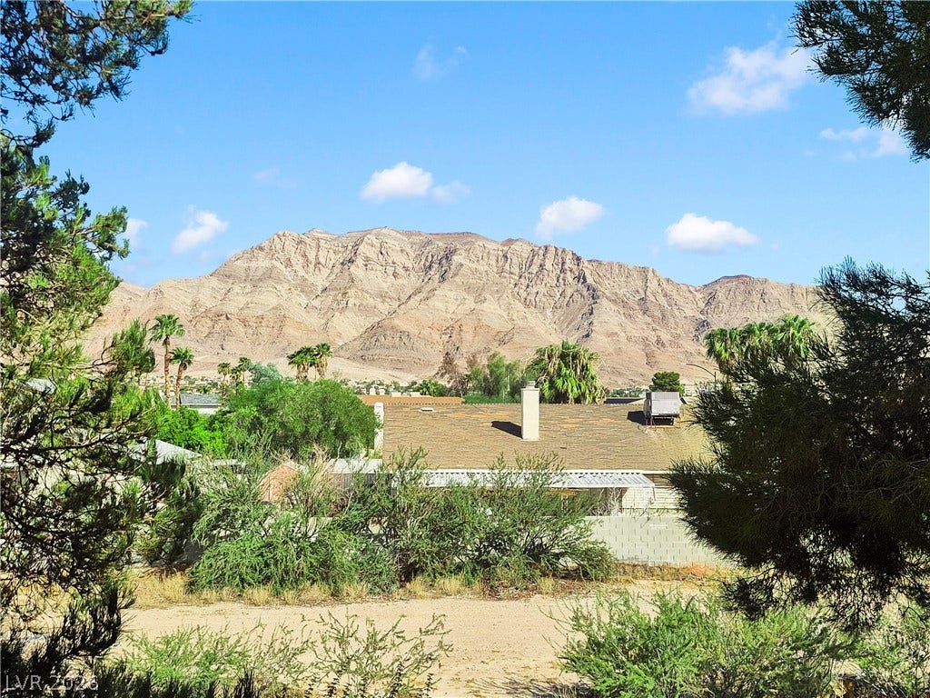 Rugged desert peaks create a majestic natural backdrop behind the neighborhood rooflines.
