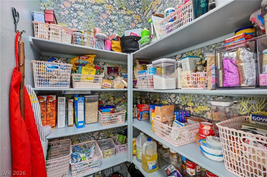 Well-organized pantry features generous shelving and vibrant floral wallpaper.
