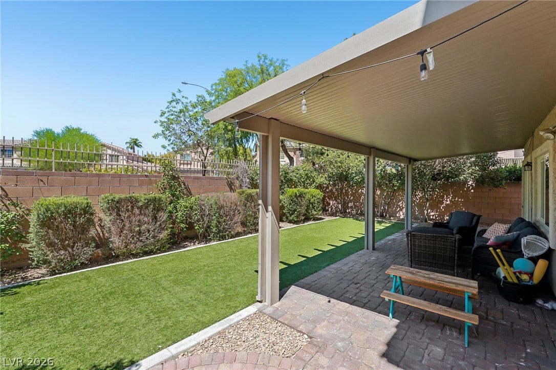 An inviting covered patio provides a perfect outdoor living space alongside a neatly landscaped artificial turf yard.